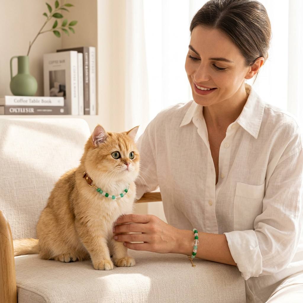 AuraLink™ Feline Harmony Matching Set — Green Aventurine & Clear Quartz Cat Collar with Owner Bracelet