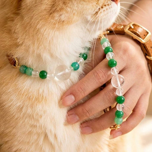 AuraLink™ Feline Harmony Matching Set — Green Aventurine & Clear Quartz Cat Collar with Owner Bracelet