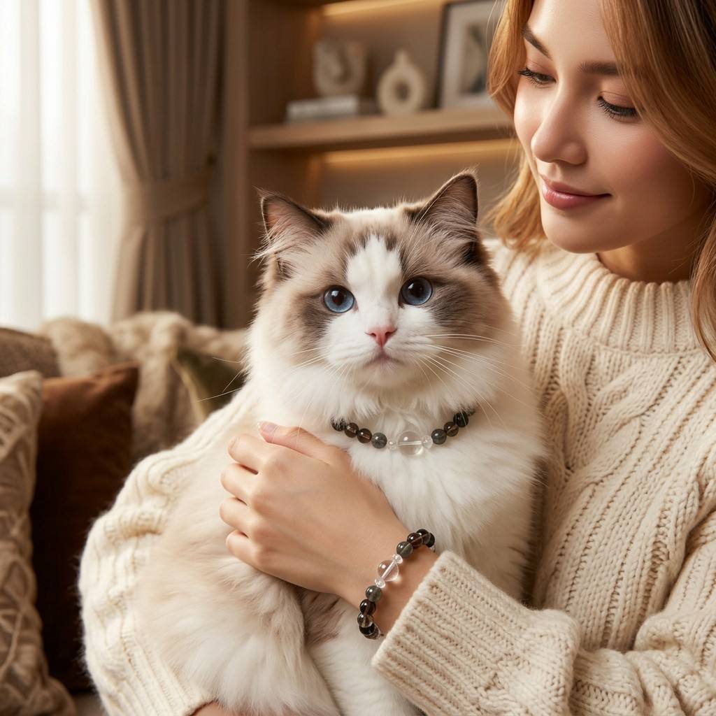 AuraLink™ Feline Guardian Set — Smokey Quartz & Clear Quartz Healing Cat Collar with Owner