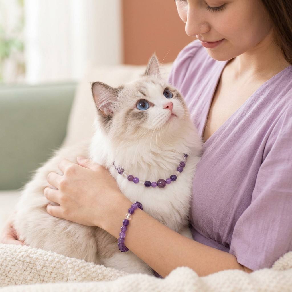 AuraLink™ Serenity Link Set — Deep Amethyst & Clear Quartz Healing Cat Collar with Owner Bracelet