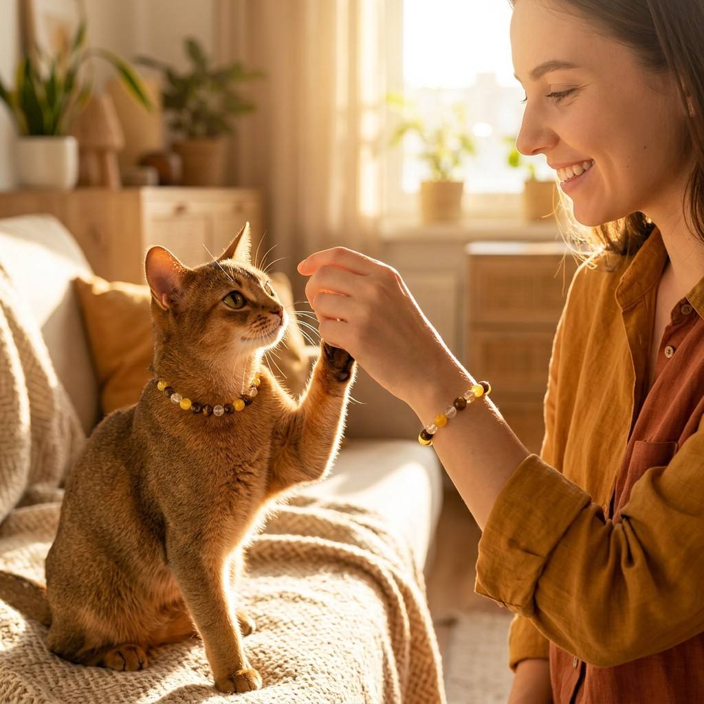 AuraLink™ Solar Joy Set — Golden Citrine & Tiger's Eye Healing Cat Collar with Owner Bracelet